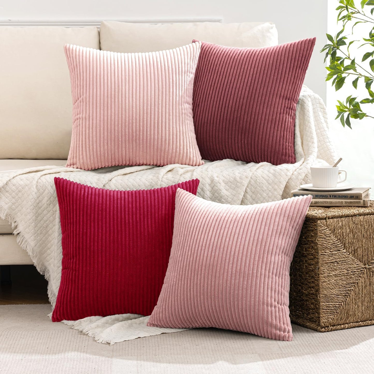 MIULEE Boho Farmhouse Christmas Throw Pillow Covers 18x18 Inch Set of 4 Romantic Decorative Cushion Covers Spring Corduroy Home Decor for Feminine Valentines Couch Bed Sofa Living Room Aesthetic Pink