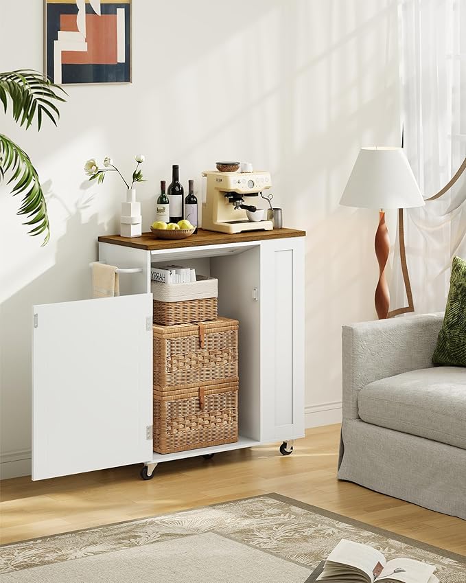 Kitchen Island Cart with Storage, Kitchen Cabinet, Mobile Kitchen Island, Storage Trolley for Kitchen with Hidden Trash Bin Cabinet, for Dining Room, White and Walnut MZD06WL