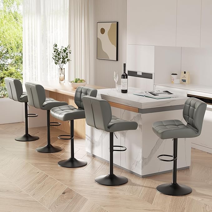 Modern Bar Stools Set of 6, Faux Leather Upholstered Swivel Bar Stools, Adjustable Counter Height Bar Chairs with High Back and Footrest for Kitchen Island (Dark Grey)