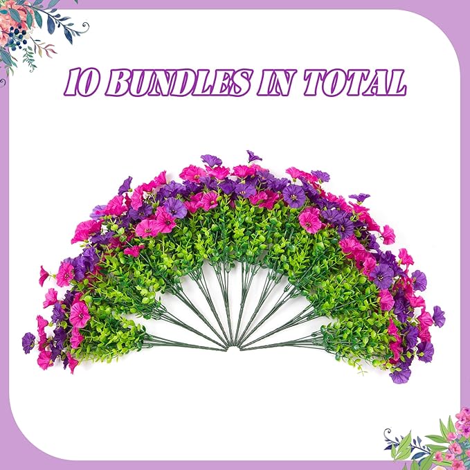 Artificial Flowers for Outdoors Decoration, 10 Bundles Fake Plastic Flower Plant, Faux Colorful Silk Morning Glory Petunias for Outside Garden Porch Front Door Decor, Purple