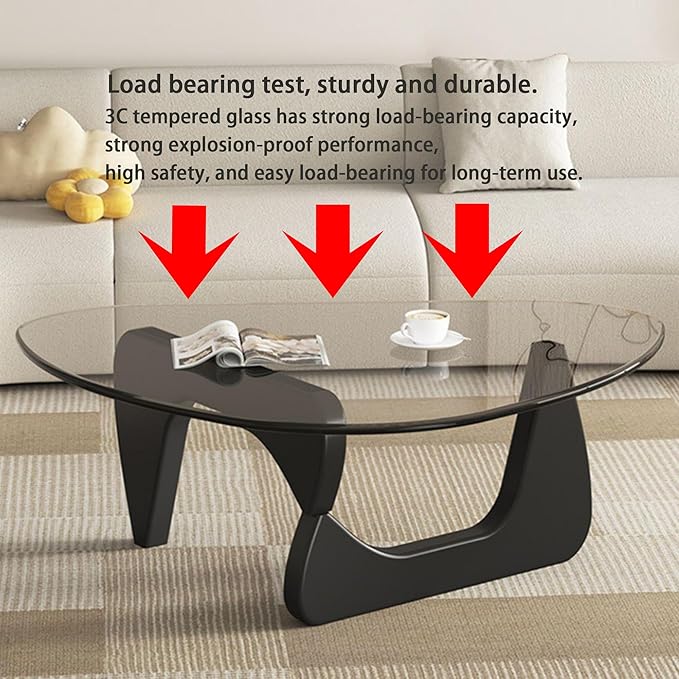 EASYSOUL Modern Glass Coffee Table, 32.68" D x 22.44" W x 15.75" H, Abstract Round Tea Tables for Living Room Home Office Industrial Cocktail Tables (Black-Clear Glass, 32.68")