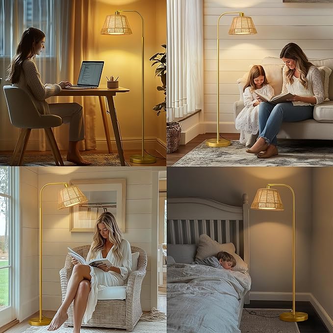 Oneach Arc Floor Lamp for Living Room,Rattan Boho Floor Lamp with Hand-Woven Wicker & Fabric Shade, Foot Switch,Gold Metal Base & Pole,Farmhouse Standing Lamp for Bedroom Corner,Office,Reading
