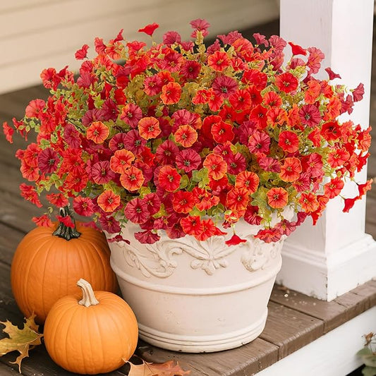 Fall Artificial Flowers for Decoration, 12 Bundles Fake Mums Autumn Flower Plants Petunias, Faux Silk Morning Glory Eucalyptus for Planter Garden Porch Front Door Window Box, Orange Red