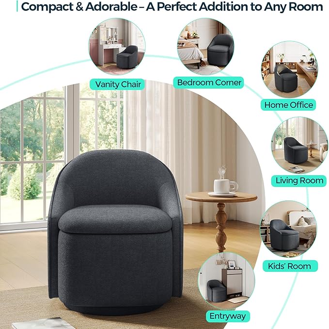 LINSY Swivel Accent Chair with Storage Comfy Chenille Barrel Chairs, Small 360 Swivel Modern Armchair for Living Room Bedroom, Boucle Reading Chair for Study Room (Grey)