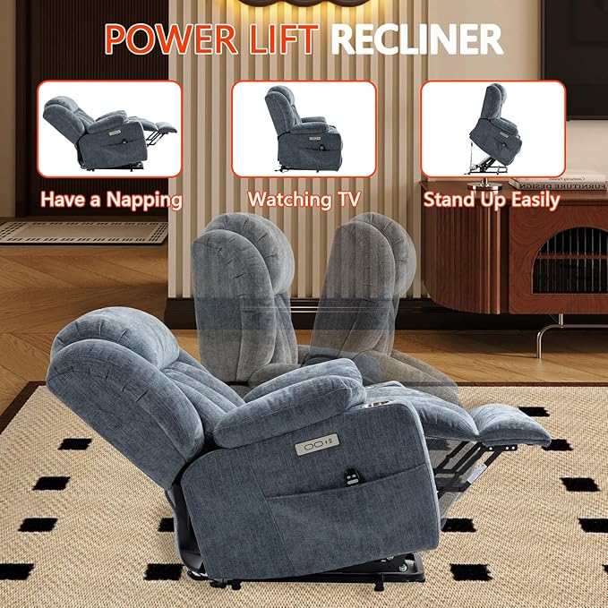 Power Lift Recliner Chair, 350lb Capacity with 8-Point Massage & Heating, USB/Type-C Ports & Cup Holders, Heavy Duty Chenille Recliner for Elderly, Blue Grey