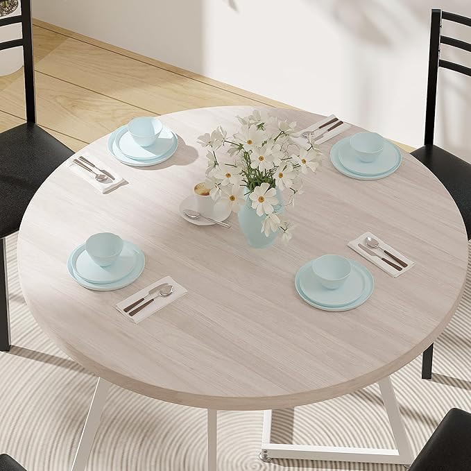 VECELO 35" Round Dining Table for 4, Wood-Grain Tabletop & Heavy-Duty Steel Frame, for Kitchen, Living Room, Easy Assembly, Natural & White
