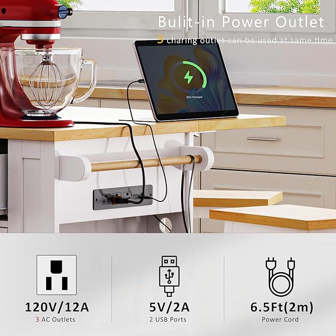Merax 53" Kitchen Cart Island on Wheels with Power Outlet,Drop Leaf,3 Drawers and 5 Open Side Racks,Wood Storage Cabinet