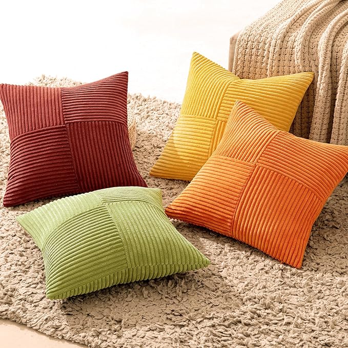 MIULEE Fall Burnt Orange Decorative Throw Pillow Covers 16x16 Inch Set of 4 Boho Color-Clash Cushion Covers Modern Farmhouse Pillow Cases Corduroy Striped Home Decor for Couch Sofa Bed