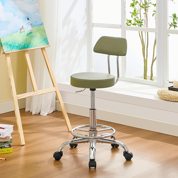 Height Adjustable Stool 19.5"-26.6", Rolling Chair with Back and Footrest, Green Esthetician Stool Ergonomic (Green)