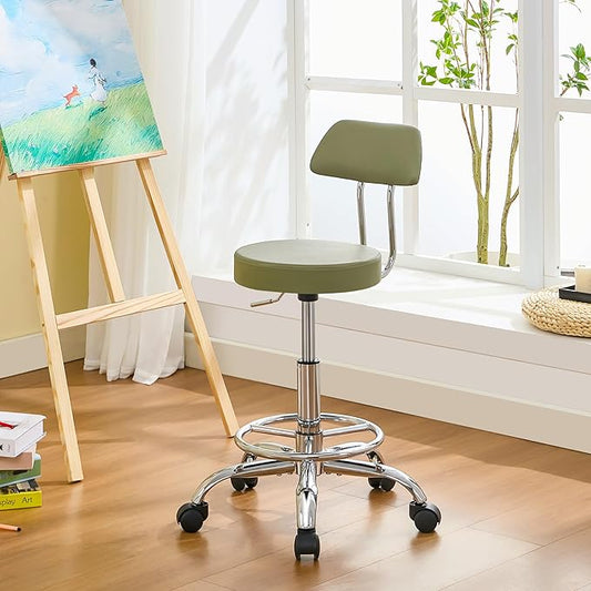 Height Adjustable Stool 19.5"-26.6", Rolling Chair with Back and Footrest, Green Esthetician Stool Ergonomic (Green)