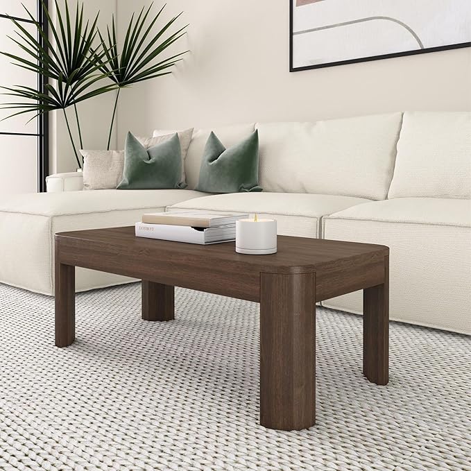 Plank+Beam Small Modern Rounded Coffee Table, 40 Inch, Solid Wood Contemporary Center Table for Living Room, Rectangle Tea Table, Walnut