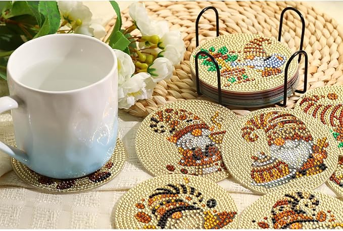 8 PCS Coffee Gnome Diamond Art Coasters Kits, Diamond Painting Coasters with Holder Set of 8, DIY Drink Coasters Art Crafts Supplies for Adults Cup Mat for Home Decor House Warming Gifts 3.9inch