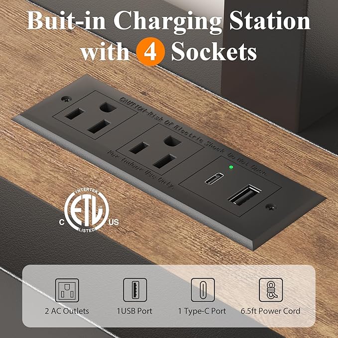 King Size Platform Bed with 2-Tier Storage Headboard, Metal Bed Frame with Charging Station & LED Light, Heavy Duty Metal Slats, No Box Spring Need, Noise Free, Rustic Brown