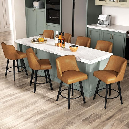 Counter Height Bar Stools Set of 8, Modern Swivel Barstools with Back and Wood Legs, Faux Leather Upholstered Bar Chairs, 26" H Kitchen Counter Stools, Kitchen Island Home Bar, Whisky Brown