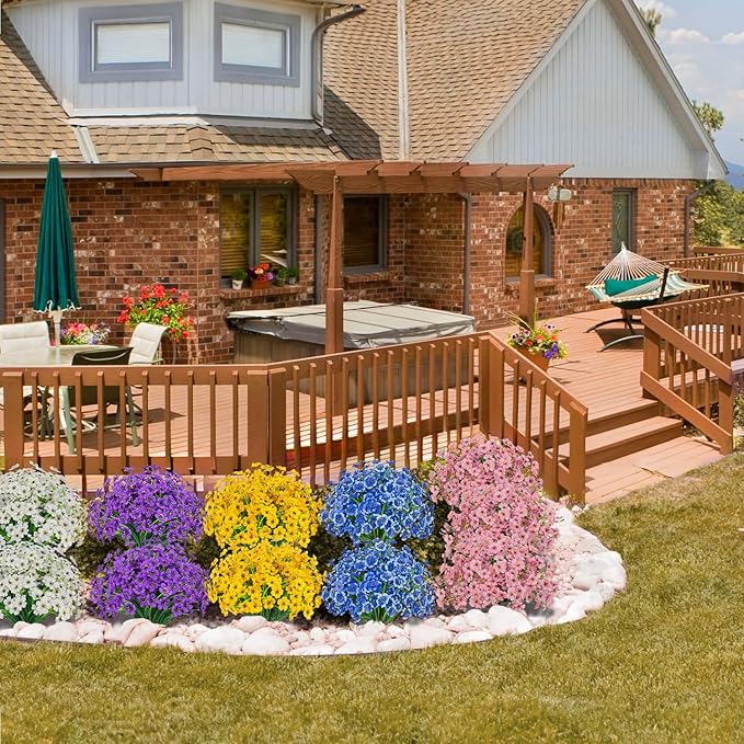 Outdoor Artificial Flowers 21 UV Resistant Bundles Fake Flower Plastic Plants Faux Silk Flowers Porch Hanging Garden Porch Window Box Decorating (Pink)