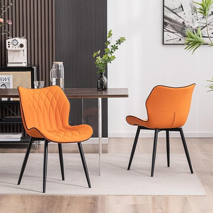 Kidol & Shellder Modern Dining Chairs Set of 2 Comfy Dining Room Chairs with Thick Cushions PU Leather Upholstered Kitchen Side Chairs with Metal Legs Orange