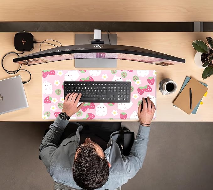 Pink Kawaii Desk Mat, Strawberry Field Desk Pad Large, Extended Mouse Pad Cute, XXL Laptop Computer Keyboard Mat Desktop Mouse Mat, Gaming Computer Pad Women Desk Decor Accessories 31.5"x15.75"