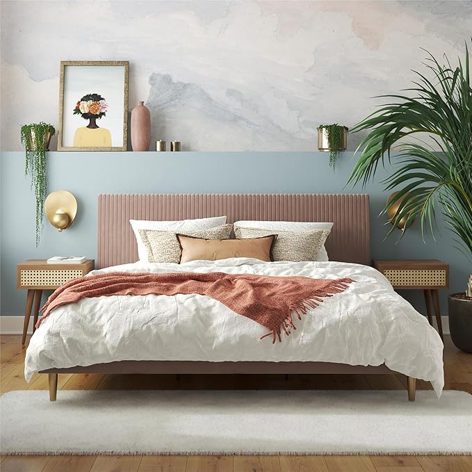 Mr. Kate Daphne Upholstered King Bed Frame with Headboard, Modern Platform Velvet King Bed Frame, Blush Velvet
