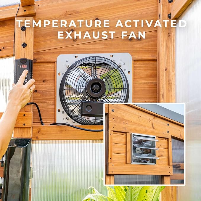 Backyard Discovery Zalie 11' x 7' Cedar Wood and Polycarbonate Walk-in Greenhouse Kit with Exhaust Fan, Windows, Hose Hook-Ups, PowerPort, Staging Shelves for Year-Round Outdoor Gardening