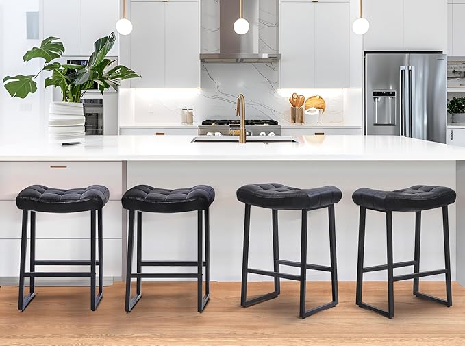 Black Modern Bar Stools Set of 4 for Kitchen Counter 24 inch Counter Height Backless Barstools with Upholstered Faux Leather Saddle Seat and Metal Frame Industrial Bar Chairs