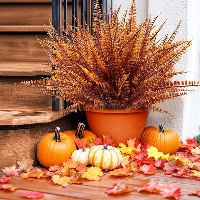 TURNMEON 20 Bundles Artificial Fall Flowers for Outdoors Fall Decorations, UV Resistant Fall Plants Faux Boston Fern Fake Mums Plastic Greenery Shrubs for Home Porch Gardens Autumn Thanksgiving Decor
