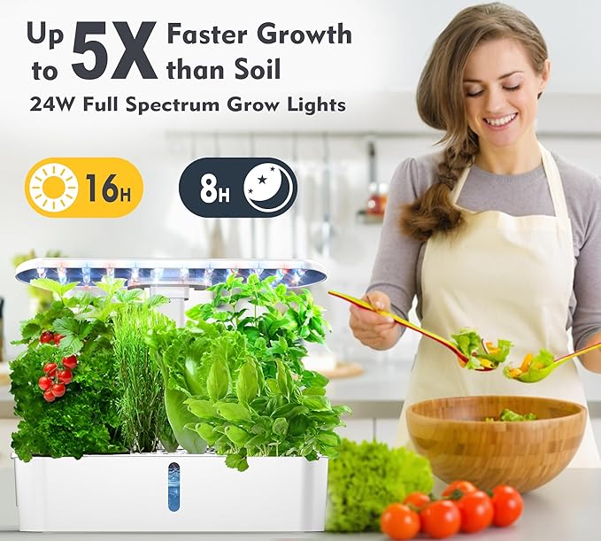 Hydroponics Growing System Kit 12 Pods, Hydroponic Herb Garden Kit Indoor with 24W LED Grow Light, Smart Indoor Garden, Height Adjustable, Auto Timer, Quiet Pump, Gardening Gifts for Mom Women, White