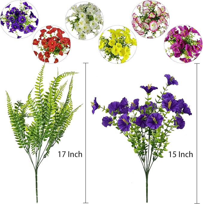 14 Bundles Artificial Silk Flowers for Indoor Outside Decoration Faux Mixed Colorful Morning Glory with Eucalyptus UV Resistant Realistic Fake Flowers for Home Planter Porch Yard Patio