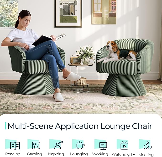 LINSY Swivel Barrel Chair, 360° Modern Swivel Accent Chair with Arms, Boucle Swivel Chair Green Corduroy Chairs for Bedroom Living Room Small Spaces