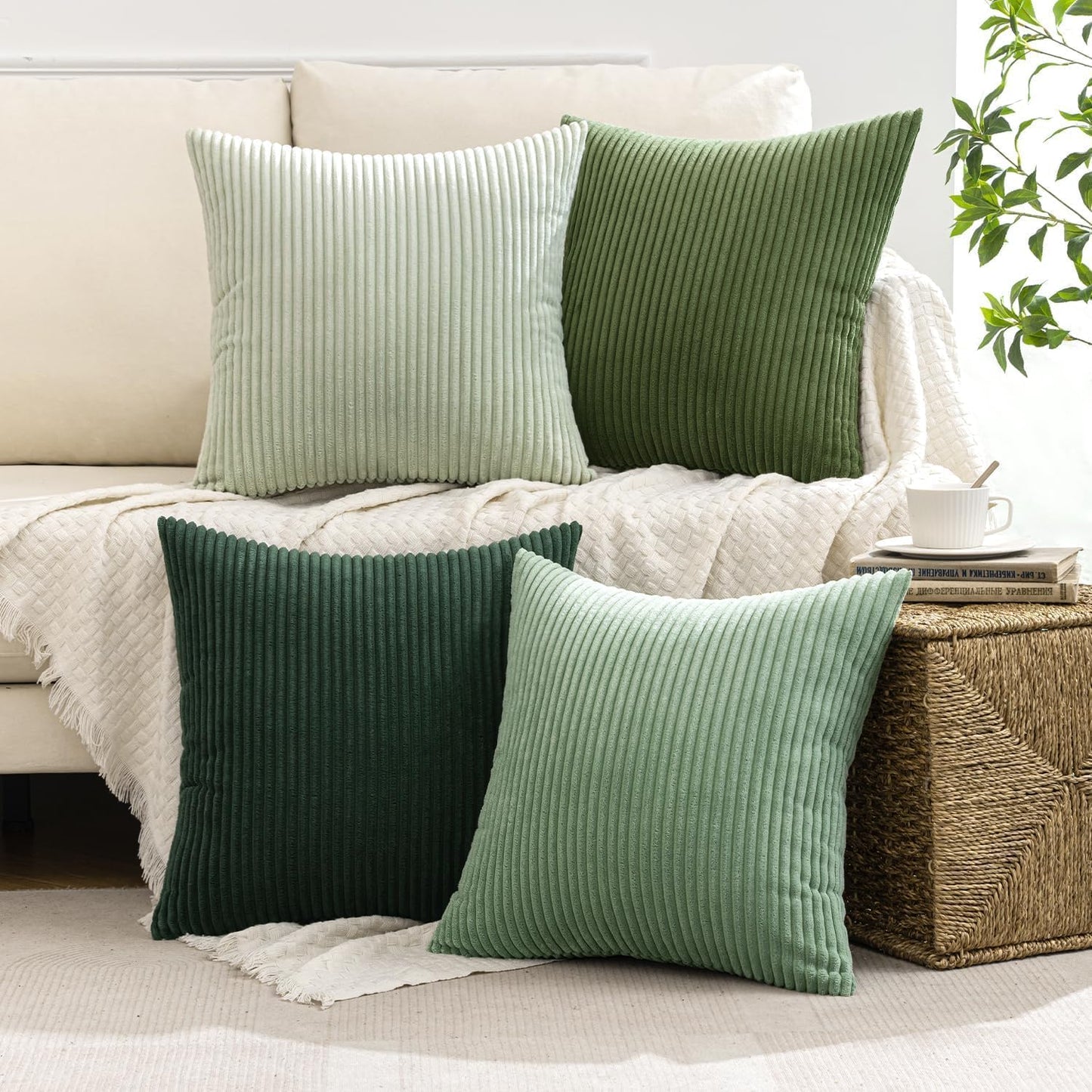 MIULEE Boho Farmhouse Sage Green Throw Pillow Covers 24x24 Inch Set of 4 Mordern Nordic Cushion Covers Soft Corduroy Christmas Home Decor for Couch Bed Sofa Living Room Forest Green