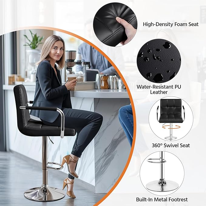 Yaheetech Bart Stools Set of 4, PU Leather Adjustable Barstools with Armrest, Counter Height Stool Chairs with Thickened Seat Cushion for Kitchen Island, Black