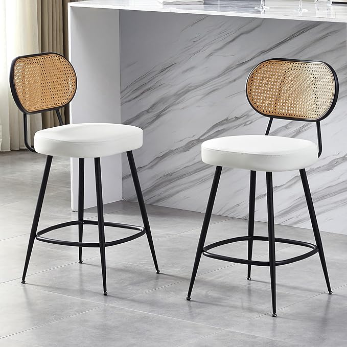 26" Rattan Barstools Set of 2, Counter Height Bar Chair with Black Metal Legs, Modern Armless PU Leather Pub Chair,Adjustable Feetpads Stools for Home Counter,Kitchen Dining Island,Cafe(White)