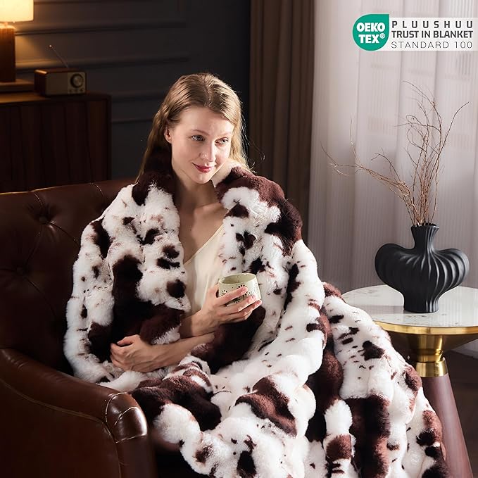 Faux Fur Throw Blanket for Couch, Fluffy Fuzzy Plush Bubble Blanket, Soft Warm Cozy Shaggy Rabbit Blanket, Luxury Decorative Gifts for Sofa Bedroom Living Room, 60x80inch (Cow Print-Brown)