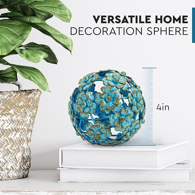Everydecor Metal Decorative Sphere for Home Decor - Decorative Balls for Shelves, Centerpiece Bowls, Bookshelf - Decoration Orbs Accents for Living Room, Bedroom - Antique Blue Shelf Spheres