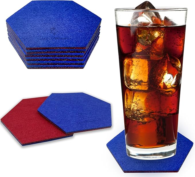 A&A Wonders Premium Felt Coasters for Drink, Absorbent Felt Protects Furniture, Table, Anti Slip, Absorbent, Suitable for Drinks & All Table Types (Wine Red/Royal Blue, Hexagon 6 Pack)