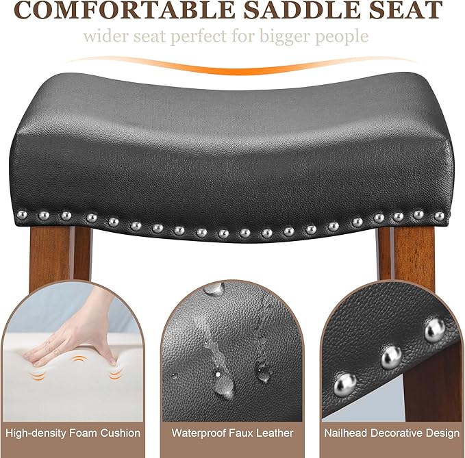 PrimeZone Counter Height Bar Stools Set of 2 - Backless Saddle Barstools with 4.3" Thick Upholstered, Nailhead Trim Faux Leather & Solid Wood Legs, 26 Inch Counter Stools for Kitchen Island, Black
