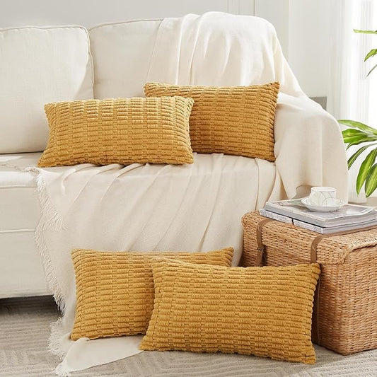 Fancy Homi 4 Packs Mustard Yellow Decorative Throw Pillow Covers 16x24 Inch for Living Room Couch Bed Sofa, Rustic Farmhouse Boho Home Decor, Soft Plush Striped Corduroy Square Cushion Case 40x60 cm