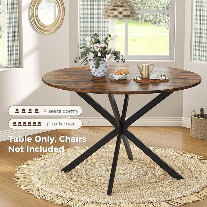 Unovivy 47" Round Dining Table for 4-6, Space Saving Circle Kitchen Dinner Table, Industrial Mid Century Modern Dining Room Desk for Kitchen, Apartment, Rustic Brown