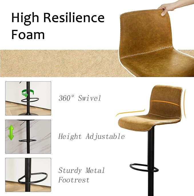 HeuGah Bar Stools Set of 6, Swivel Counter Height Barstools with Back, Adjustable Height 24" to 32", Whiskey Brown Faux Leather Bar Chairs for Kitchen Island (Whiskey Brown, Set of 6 (24'' to 32''))