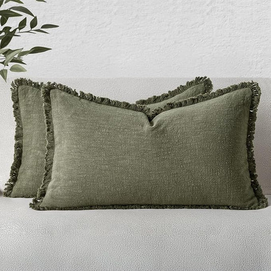 MIULEE Decorative Lumbar Throw Pillow Covers Neutral Linen Fringe Throw Pillows Set of 2 Olive Green Boho Farmhouse Cushion Covers for Couch Sofa Bed Living Room Spring Home Decor 12x20 Inch