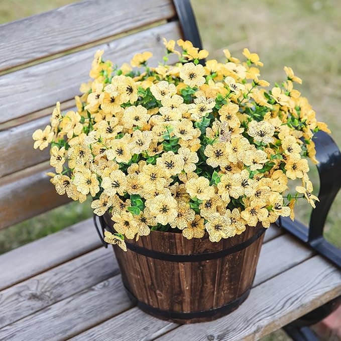Artificial Fall Flowers Faux Mums for Outdoor Indoor Garden Home Decoration, Faux Flower Daisy with Eucalyptus Leaves Fake Plants Greenery Boxwood Porch Patio, 12 Bundles (Yellow)