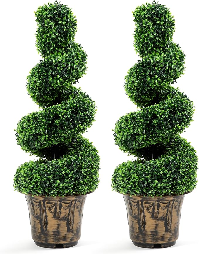 2-Pack Faux Boxwood Spiral Topiary Trees - 3ft Tall - Planter Included - Artificial Plants for Indoors or Outdoors - Realistic Dense Green Leaves with UV and Weather Protection