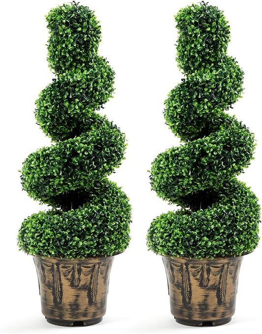 2-Pack Faux Boxwood Spiral Topiary Trees - 3ft Tall - Planter Included - Artificial Plants for Indoors or Outdoors - Realistic Dense Green Leaves with UV and Weather Protection