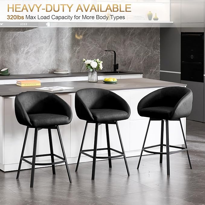 Zesthouse Swivel Counter Height Stools Set of 4, Modern Barrel Bar Stools for Kitchen Island, 26" Upholstered Kitchen Counter Height Barstools with Barrel Arms & Back, Black Faux Leather Bar Chairs