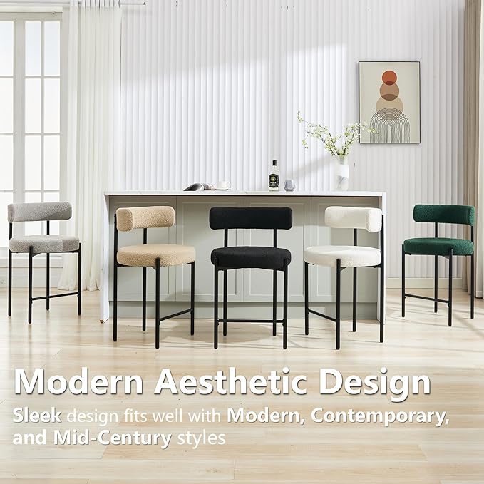 24'' Boucle Bar Stools Set of 4, White Bar Stools with Backs, Counter Height Bar Height Stools for Kitchen Island, Upholstered Bar Chairs