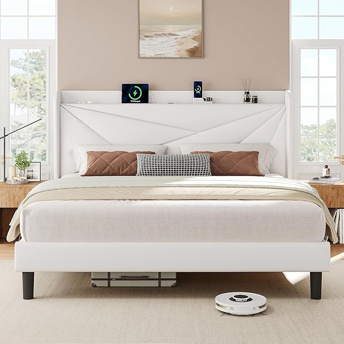 iPormis King Size Bed Frame with Charging Station, Velvet Platform Bed Frame with Wingback Headboard Upholstered Bedframe, Solid Wood Slats Support, No Box Spring Needed, Easy Assembly, White