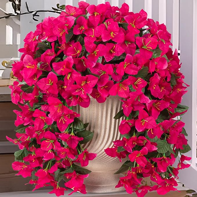 2 pcs Artificial Faux Bougainvillea Flowers Plants for Outdoor Outside Summer Decoration, Fake Silk UV Resistant Long Trailing Vines for Front Door Porch Planter Balcony (Purple Rose Red)
