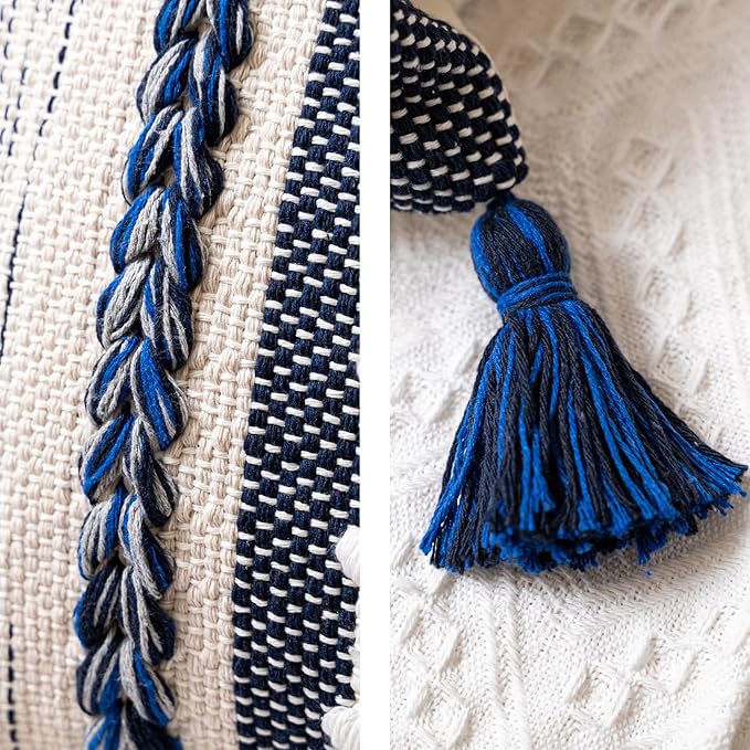 BlissBlush Navy Dark Blue Decorative Throw Pillow Cover 20x20 Square Boho Accent Pillowcase Tassels Farmhouse Cushion for Couch Sofa Bedroom Living Room Home Décor Cover ONLY