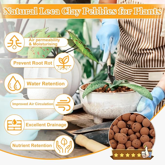 6 LBS Natural Leca Clay Pebbles for Plants- 4-16mm Expanded Clay Leca Balls for Indoor Plants, Hydroton Clay Pebbles for Plants Hydroponic & Aquaponics Growing, Orchids, Drainage, Terrarium