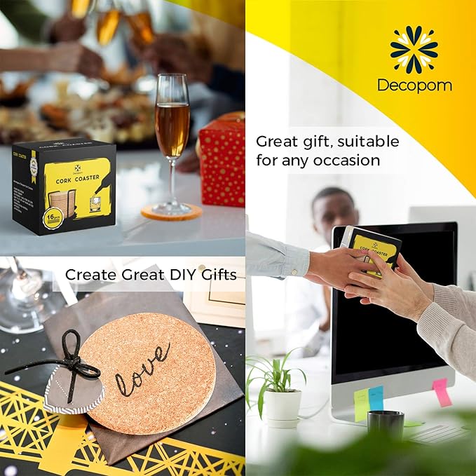 Cork Coasters for Drinks with Metal Holder - 16 Pcs Round 4 inch Drink Coaster Thick Absorbent Heat-Resistant Saucer - Used for Cold Hot Beverages Glasses Mugs Cups Plants Apartment Decor Bar Table