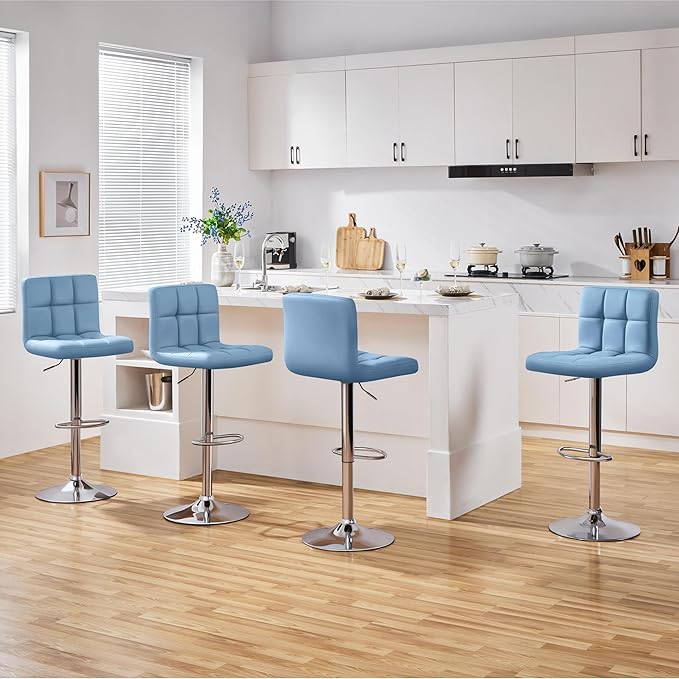 Yaheetech Bar Stools Set of 4, Adjustable PU Leather Swivel Barstools, Modern Counter Stools with Back and Footrest, Counter Height Barstools for Bar, Kitchen, Dining Room, Blue